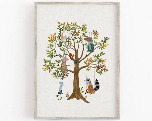 Woodland nursery canvas with whimsical tree illustration, personalized with child's name, wall art for kids' room decor | Family Wall Decor