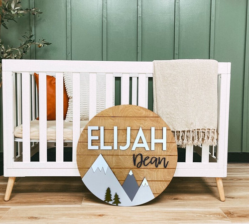 Woodland forest nursery wood sign, personalized with baby name, rustic natural wood, horizontal rectangular above-crib decor | Family Wall Decor