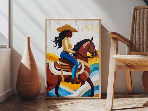 Pop art Black Cowgirl canvas print, Afrocentric rustic farmhouse wall art in warm earthy tones for living room decor | Family Wall Decor