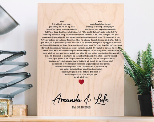 Heart-shaped wedding song lyrics canvas art personalized with couple names and date, black text on white, anniversary gift | Family Wall Decor
