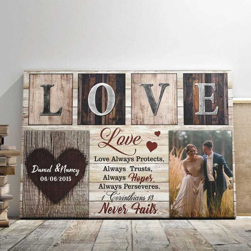 Christian love canvas wall art with 1 Corinthians 13, personalized with couple names and anniversary date, Valentine’s gift | Family Wall Decor