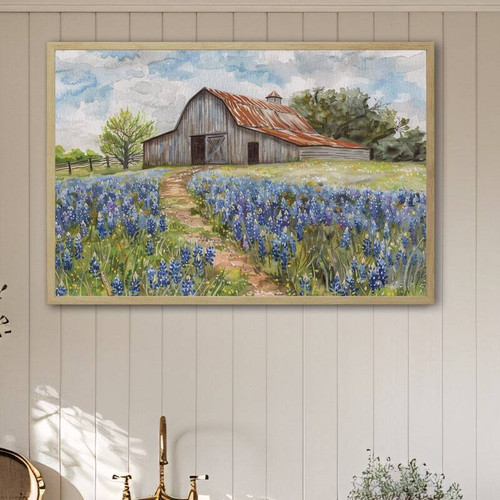 Rustic farmhouse landscape canvas art featuring a weathered barn and bluebonnets, ideal for country living room wall decor | Family Wall Decor