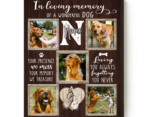 Dog memorial canvas wall art with heart-shaped custom pet photo collage, personalized name and dates in soft beige, portrait. | Family Wall Decor