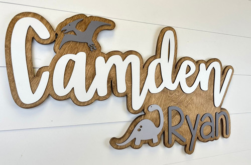 Dinosaur wooden nursery name sign, personalized with baby boy’s name, wall decor for boys’ nursery and baby shower gift | Family Wall Decor