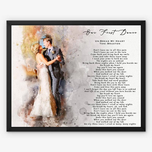 Wedding song lyrics framed canvas, black frame portrait with personalized couple names and wedding date in script | Family Wall Decor