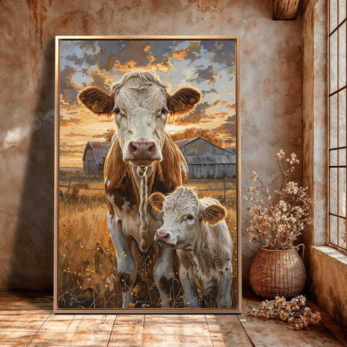 Heartfelt Farmhouse Canvas - Cow & Calf Rustic Wall Art Decor | Family Wall Decor