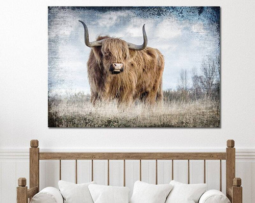 Highland cow canvas wall art, rustic farmhouse style portrait, shaggy longhorn detail in warm neutrals for living room decor | Family Wall Decor