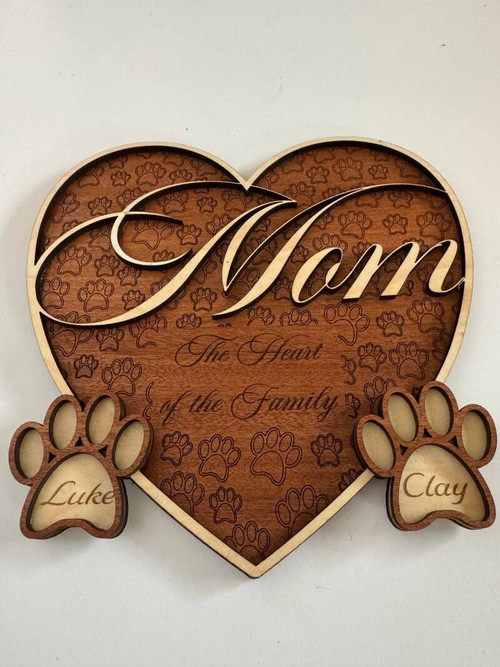 Dog paws heart wood sign, personalized for Mom with custom names; rustic engraved wall decor, thoughtful Mother's Day gift | Familywalldecor