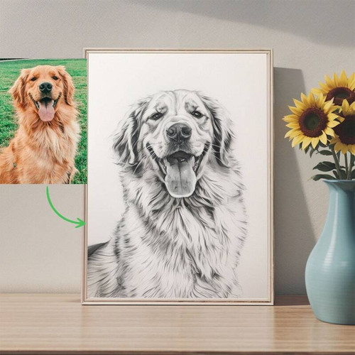 Custom dog pencil sketch canvas portrait from your photo, black-and-white pet wall art, heartfelt gift for dog lovers | Familywalldecor