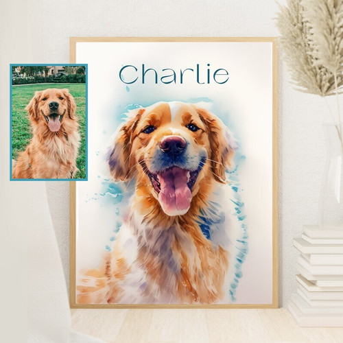 Dog portrait watercolor canvas memorial gift, soft pastel tones for pet owners, living room decor, vertical orientation | Familywalldecor