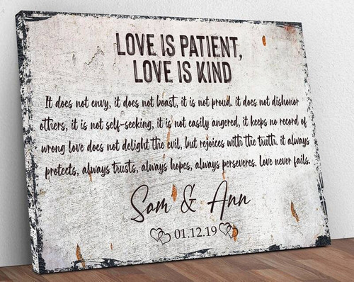 Valentine-themed Love Is Patient metal sign, personalized with couple’s names and date; romantic wall decor, wedding gift | Familywalldecor