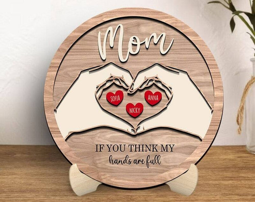 Mother’s Day heart hands wood sign, personalized with kids’ names for Mom or Grandma, rustic hanging wall decor gift | Familywalldecor