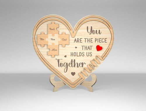 Mother's Day puzzle heart wooden mom sign, personalized with kids’ names; engraved rustic wall decor in natural wood finish | Familywalldecor
