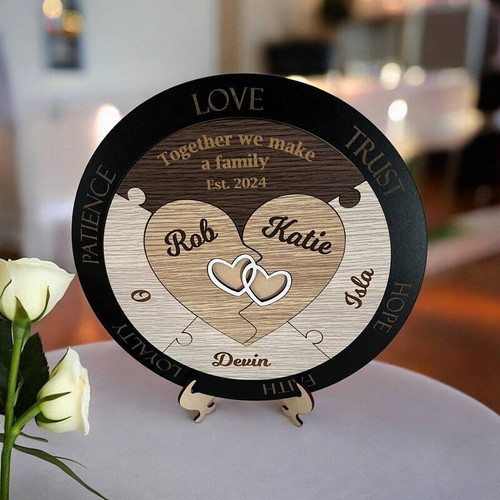 Blended family puzzle wood sign with interlocking heart design, rustic wall decor and anniversary or Valentine’s Day gift | Familywalldecor