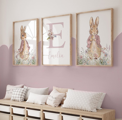 Peter Rabbit personalized nursery canvas with baby girl name, pink floral wreath, watercolor, charming nursery wall decor | Family Wall Decor