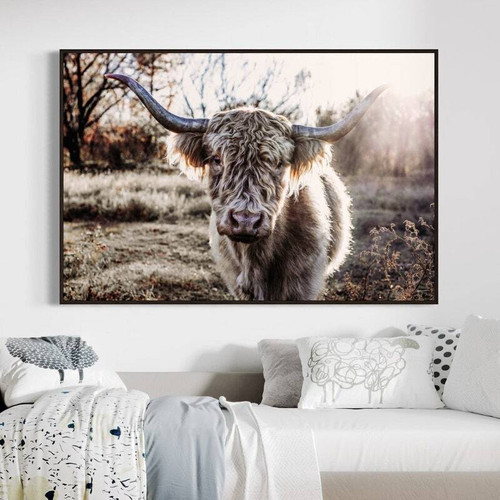 Rustic farmhouse Highland cow canvas wall art for dining room, sepia-toned close-up portrait with shaggy hair and long horns | Family Wall Decor