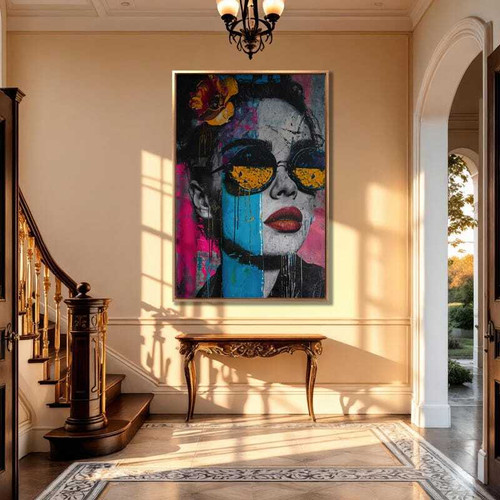 Pop art canvas featuring a trendy woman in oversized sunglasses, vivid hues; chic portrait wall decor for fashion lovers' living room | Familywalldecor