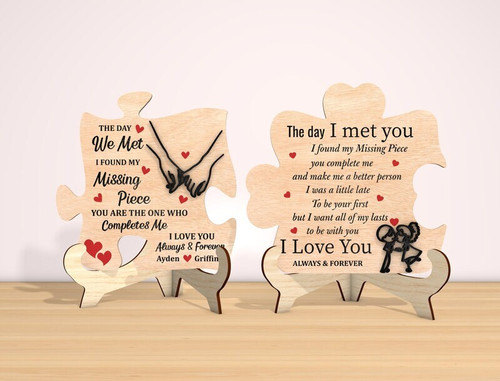 Valentine's puzzle wood sign with interlocking pieces, engraved couple names and date, walnut finish, hanging gift | Familywalldecor