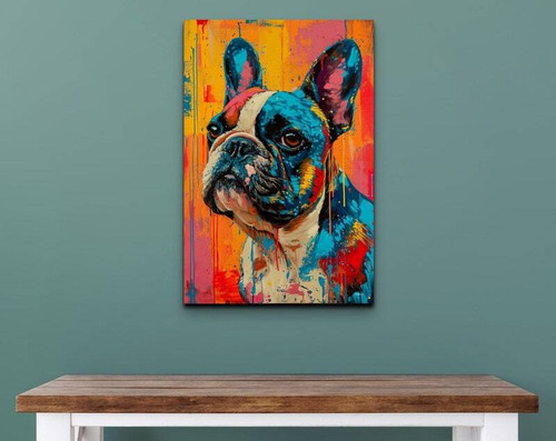 French Bulldog pop art canvas wall art with neon palette, close-up face on turquoise background, portrait orientation | Familywalldecor