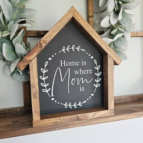 Mother's Day farmhouse wall sign with 'Home Is Where Mom Is' text, rustic decor accent and heartfelt gift for mom's home | Family Wall Decor