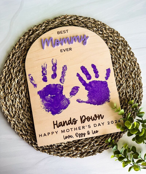 Best Mom Ever wood sign with personalized child handprints and names, a rustic walnut gift for Mom on Mother's Day | Familywalldecor