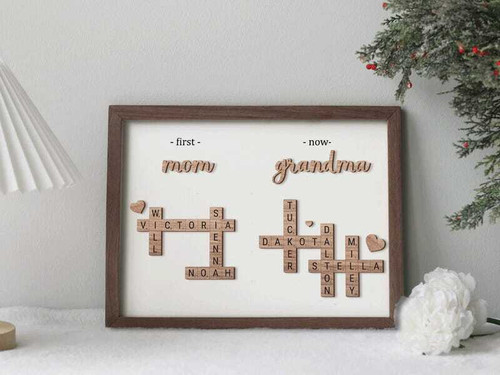 First Mom Now Grandma wooden sign, engraved script on natural wood, personalized with names and date, Mother's Day gift decor | Family Wall Decor