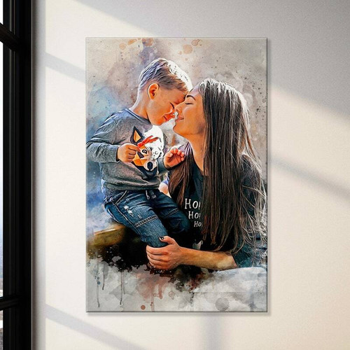 Mom and son watercolor portrait canvas, personalized from your photo, Mother's Day or birthday gift from son, pastel style | Family Wall Decor
