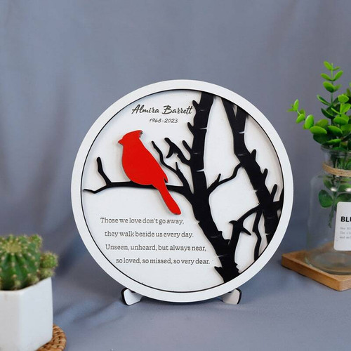 Cardinal memorial sign for mom, personalized with name and dates, a thoughtful remembrance gift for honoring her memory at home | Familywalldecor