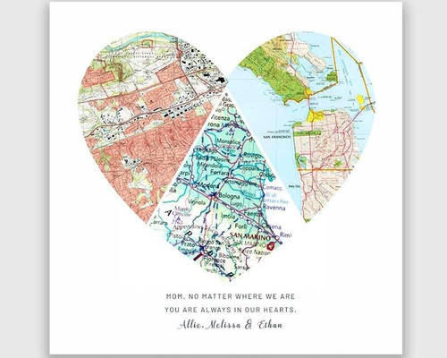 Long-distance gift Mother's Day canvas for mom from daughter with two-location heart map, blush pink, portrait | Familywalldecor