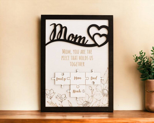 Personalized mom puzzle wood sign with engraved names on interlocking pieces, heartfelt Mother's Day gift for mom or grandma | Familywalldecor
