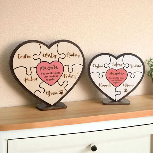 Mom puzzle wood sign personalized with engraved children’s names, rustic walnut finish, heartfelt Mother’s Day gift for mom | Familywalldecor