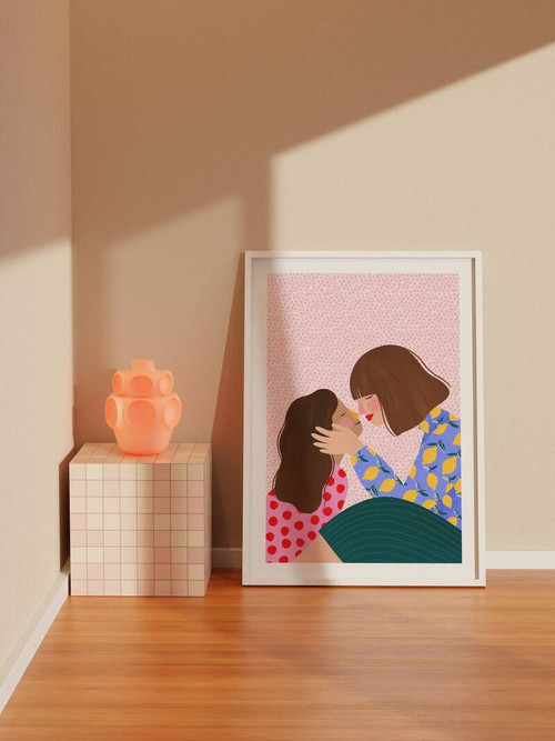 Mother and baby canvas art, tender mom and daughter embrace in soft watercolor, nursery wall decor for kids room | Familywalldecor