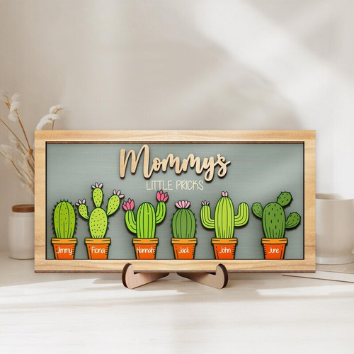 Mom's Garden cactus wood sign, personalized rustic plaque with humorous quote and custom names, ideal Mother's Day gift | Familywalldecor
