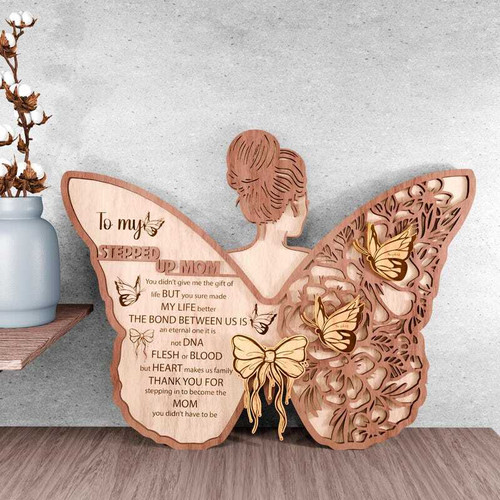 Stepped Up Mom wood sign with heartfelt message in rustic natural wood, a unique birthday gift for a beloved bonus mom. | Familywalldecor