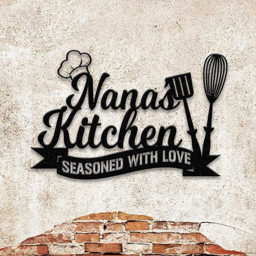 Farmhouse kitchen metal sign with warm LED backlight, personalized Nana's Kitchen text, rustic black finish, gift for grandma | Familywalldecor