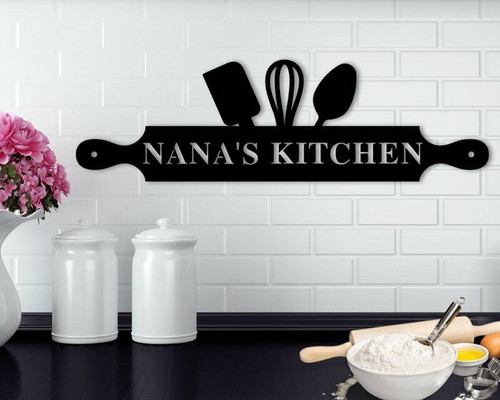 Grandma's Kitchen metal sign with script lettering, personalized with grandkids' names; thoughtful Mother's Day gift | Familywalldecor