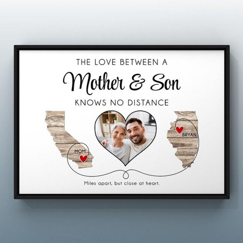 Long-distance mother and son canvas print with state map design, two states linked by a route line, custom photo | Familywalldecor
