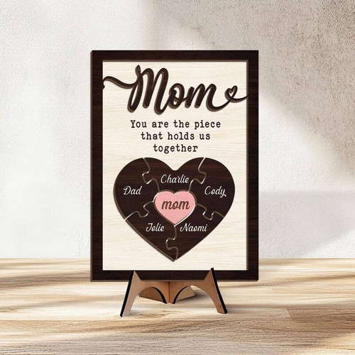 Mother's Day personalized mom puzzle sign with family names and 'You are the piece that holds us together' quote gift decor | Familywalldecor