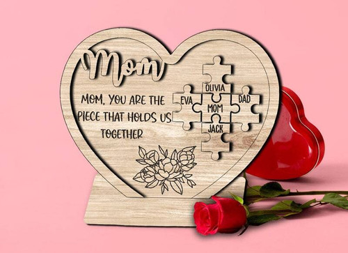 Mother's Day canvas wall art with heart and puzzle piece design, custom kids' names, a heartfelt gift for Mom from the family | Familywalldecor