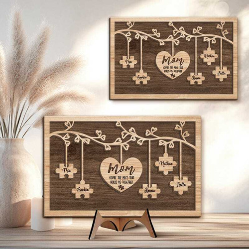 Mom puzzle sign with puzzle-piece design and name holder, personalized with kids' names; Mother's Day gift from children | Familywalldecor