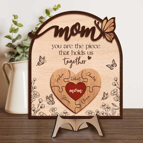 Mother's Day puzzle sign, engraved natural wood with interlocking pieces and custom names; gift for mom from kids and husband | Family Wall Decor