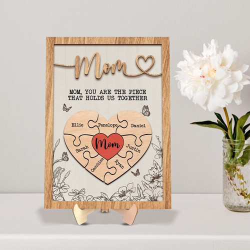 Mother’s Day puzzle wood sign, personalized with kids’ names, rustic wall decor gift for mom from children, custom engraved | Familywalldecor