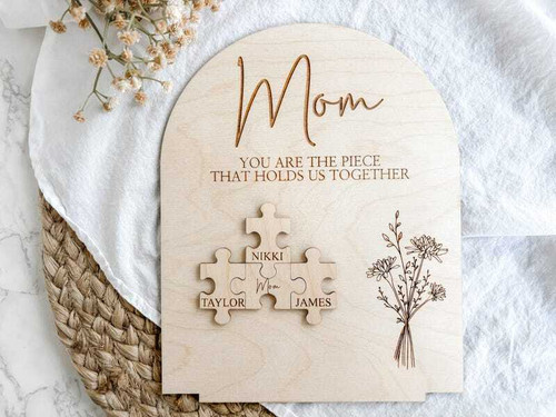 Heartfelt Mom puzzle piece wood sign keepsake, rustic decor, Mother’s Day gift for Mom or Grandma, wall or shelf display | Familywalldecor