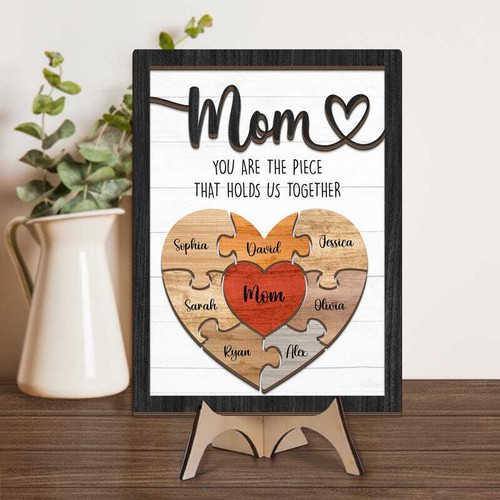 Mother's Day engraved mom puzzle sign in wood with interlocking pieces, custom kids’ names, heart center, mantel decor gift | Family Wall Decor