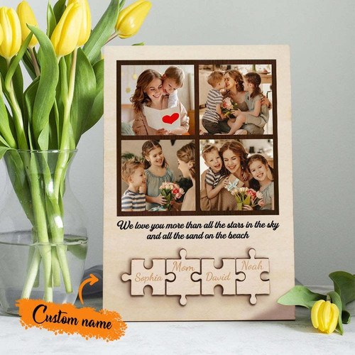 Personalized family puzzle piece sign for Mom, custom names from the kids, heartfelt gift for her birthday or Mother’s Day. | Familywalldecor