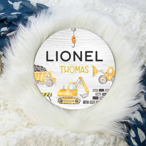 Construction nursery round wood name sign, personalized with baby name; plaque for birth announcement and nursery decor | Family Wall Decor