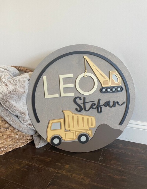 Construction theme round wood name sign personalized with child's name, perfect nursery wall decor or baby shower gift | Family Wall Decor