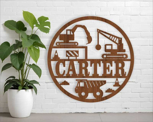 Construction vehicle nursery wood sign, round wooden design for kids' room decor, personalized with custom name options | Family Wall Decor