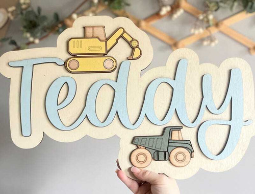 Construction digger wooden nursery sign personalized with child's name, boys' room wall decor, ideal baby shower gift. | Family Wall Decor