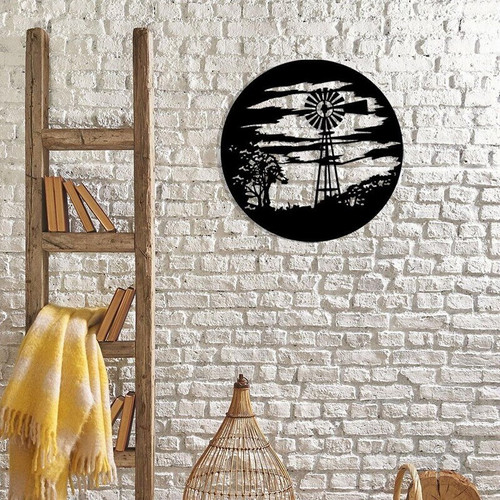 Rustic farmhouse metal windmill wall sign, country decor accent with weathered look for entryway or living room display | Family Wall Decor